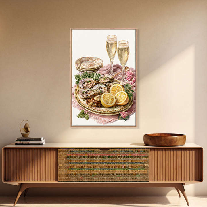 Oyster Platter with Lemons and Champagne Framed Canvas Print, Restaurant Art, Watercolor Art, Restaurant Decor, Abstract Art, RES-2x3-83