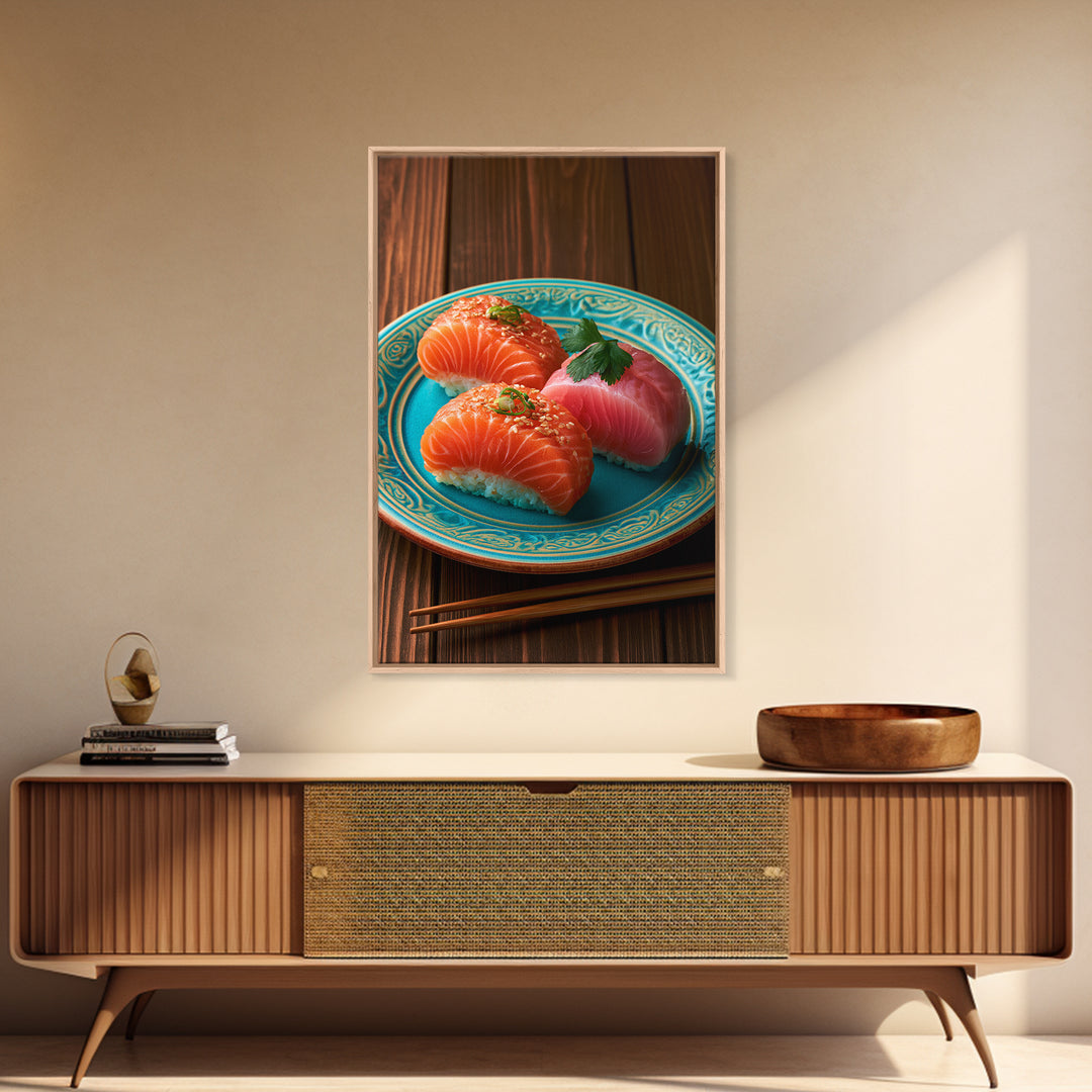 Sushi Fish and Ceramic Plate Composition Framed Canvas Print, Restaurant Art, Canvas Print, Restaurant Decor, Fine Art, Bistro, RES-2x3-85