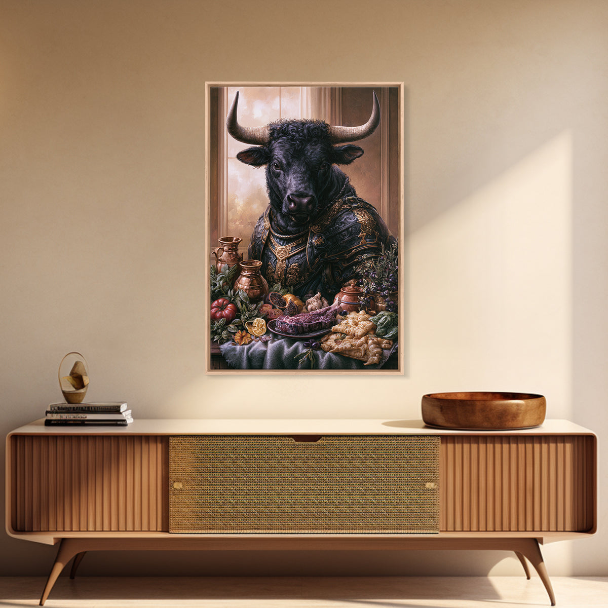 Steakhouse Black and Gold Bull Portrait Framed Canvas Print, Restaurant Art, Stained Glass Art, Restaurant Decor, Bistro, RES-2x3-87