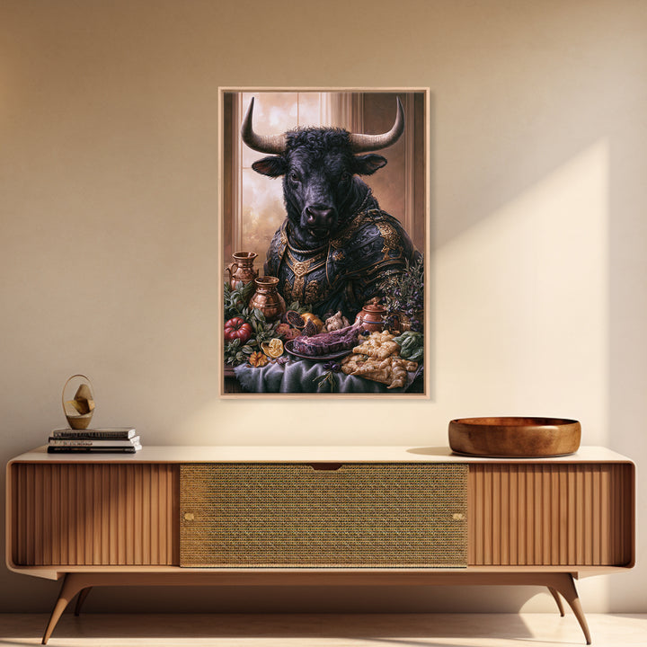 Steakhouse Black and Gold Bull Portrait Framed Canvas Print, Restaurant Art, Stained Glass Art, Restaurant Decor, Bistro, RES-2x3-87
