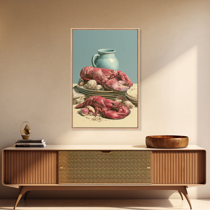 Seafood Lobster and Shell Arrangement Framed Canvas Print, Restaurant Art, Kitchen Art, Restaurant Decor, Fine Art, Bistro, RES-2x3-88