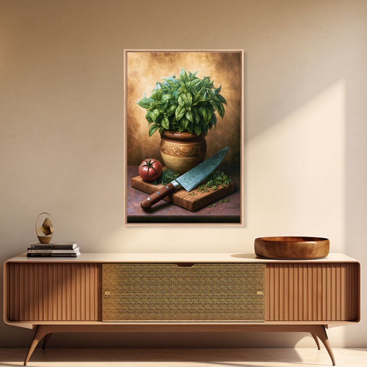 Chef Knife Herbs and Cutting Board Still Framed Canvas Print, Restaurant Art, Living Room Decor, Restaurant Decor, Bistro, RES-2x3-93