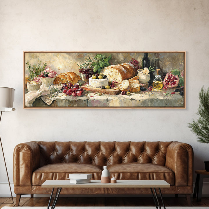 Mediterranean Olives Bread and Cheese Board Framed Canvas Print, Restaurant Art, Wall Art Print, Restaurant Decor, Bistro, RES-3x1-1