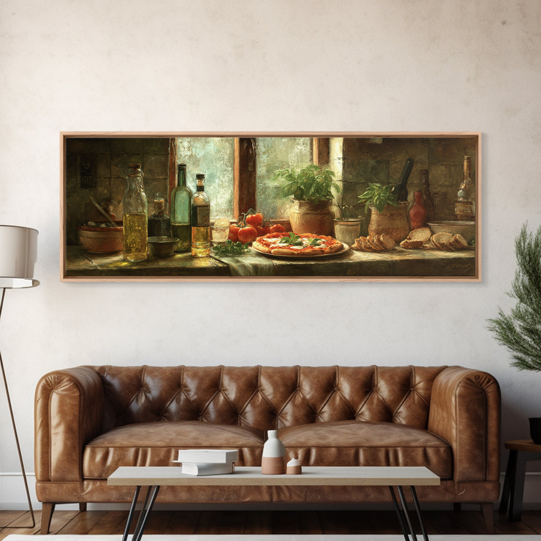 Pizzeria Tomato Basil and Mozzarella Still Life Framed Canvas Print, Restaurant Art, Canvas Wall Art, Restaurant Decor, Bistro, RES-3x1-2