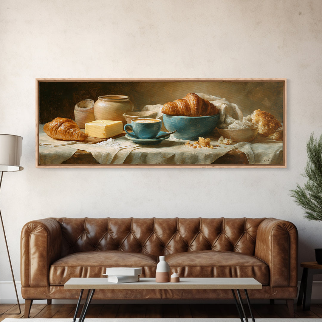 French Bistro Coffee and Croissant Still Life Canvas Print, Restaurant Art, Restaurant Decor, Abstract Art, Bistro, RES-3x1-22