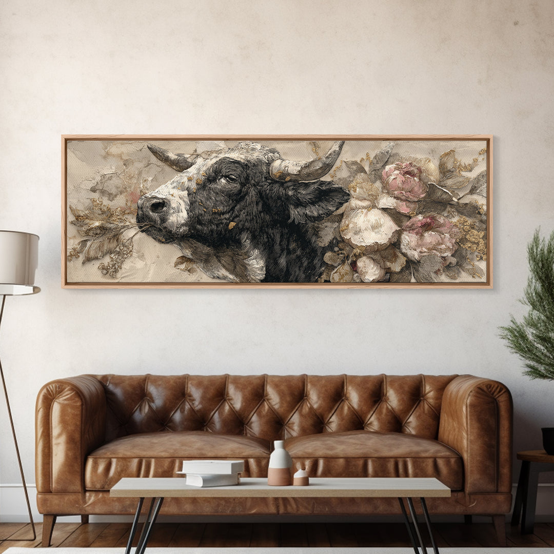 Steakhouse Black and Gold Bull Portrait Framed Canvas Print, Restaurant Art, Room Decor, Restaurant Decor, Oil Painting, Bistro, RES-3x1-23