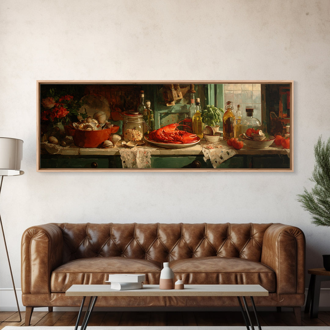 Seafood Lobster and Shell Arrangement Canvas Print, Restaurant Art, Cool Wall Art, Restaurant Decor, Fine Art, Bistro, RES-3x1-24