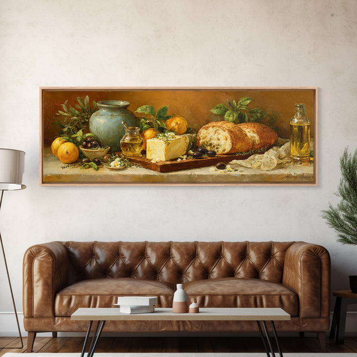 Mediterranean Olives Bread and Cheese Board Canvas Print, Restaurant Art, Watercolor Art, Restaurant Decor, Abstract Art, RES-3x1-25
