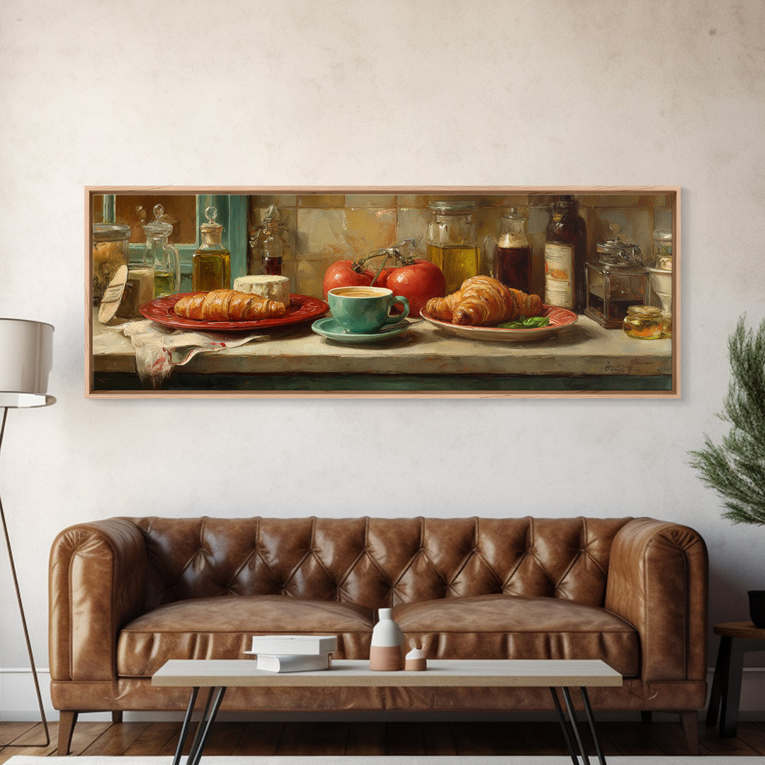 French Bistro Coffee and Croissant Still Life Canvas Print, Restaurant Art, Wall Art Print, Restaurant Decor, Fine Art, Bistro, RES-3x1-46
