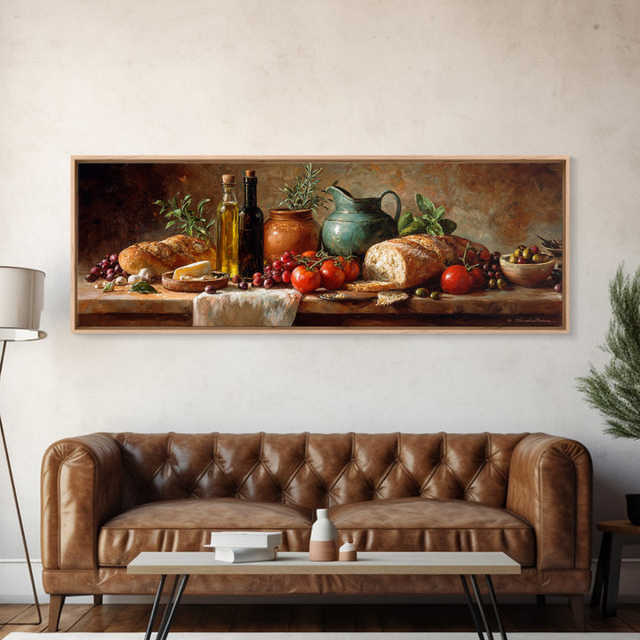 Mediterranean Olives Bread and Cheese Board Canvas Print, Restaurant Art, Watercolor Art, Restaurant Decor, Abstract Art, RES-3x1-49