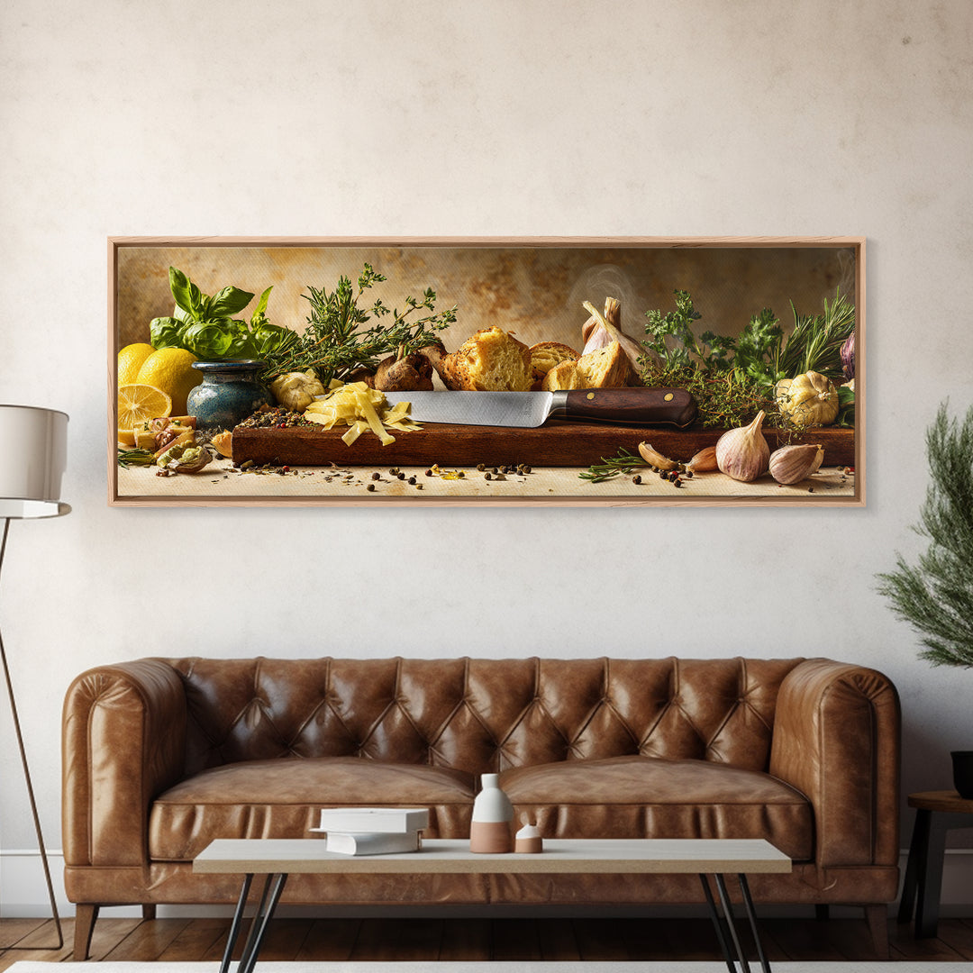 Chef Knife Herbs and Cutting Board Still Framed Canvas Print, Restaurant Art, Stained Glass Art, Restaurant Decor, Bistro, RES-3x1-53