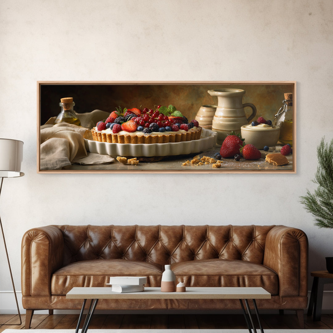 Dessert Tart with Berries and Cream Framed Canvas Print, Restaurant Art, Minimalist Decor, Restaurant Decor, Fine Art, Bistro, RES-3x1-56
