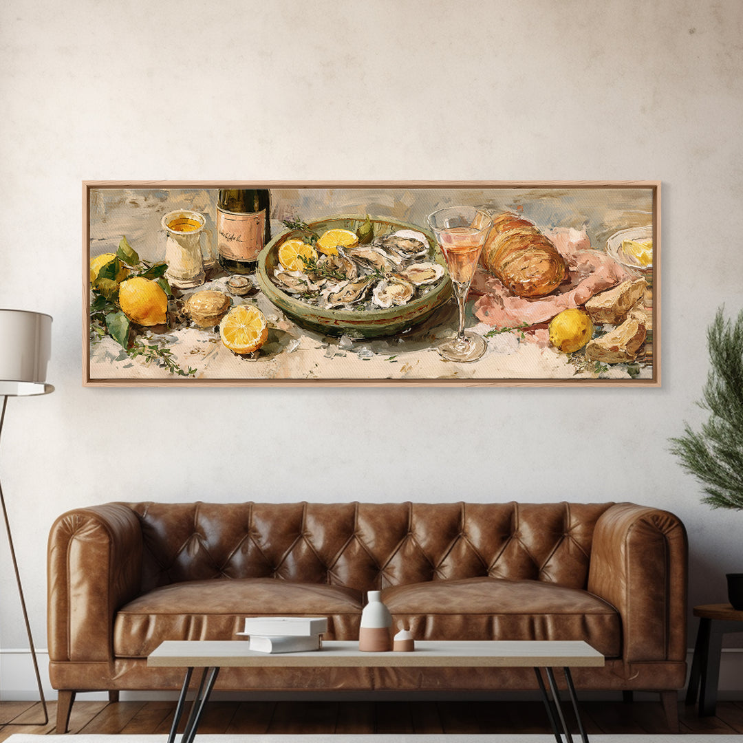 Oyster Platter with Lemons and Champagne Framed Canvas Print, Restaurant Art, Kitchen Wall Art, Restaurant Decor, Abstract Art, RES-3x1-67