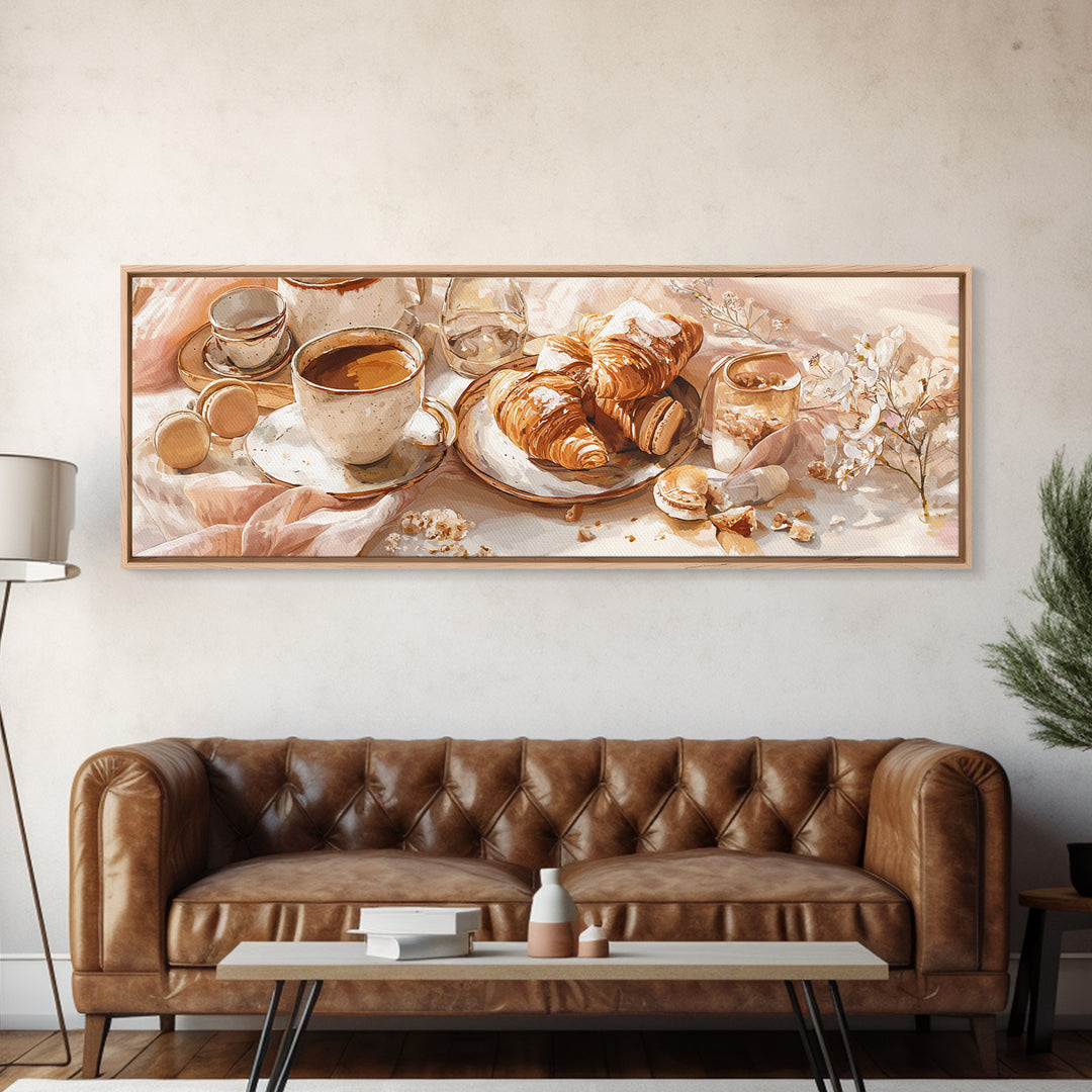French Bistro Coffee and Croissant Still Life Canvas Print, Restaurant Art, Wall Art, Restaurant Decor, Oil Painting, Bistro, RES-3x1-70