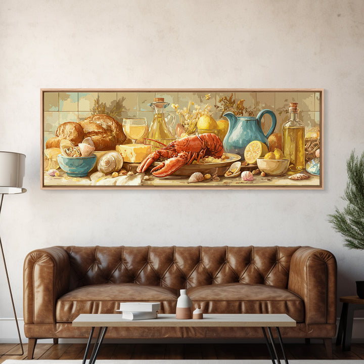 Seafood Lobster and Shell Arrangement Framed Canvas Print, Restaurant Art, Poster, Restaurant Decor, Fine Art, Bistro, RES-3x1-72