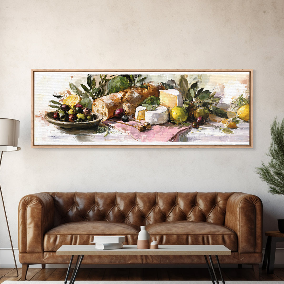 Mediterranean Olives Bread and Cheese Board Framed Canvas Print, Restaurant Art, Neutral Decor, Restaurant Decor, Bistro, RES-3x1-73