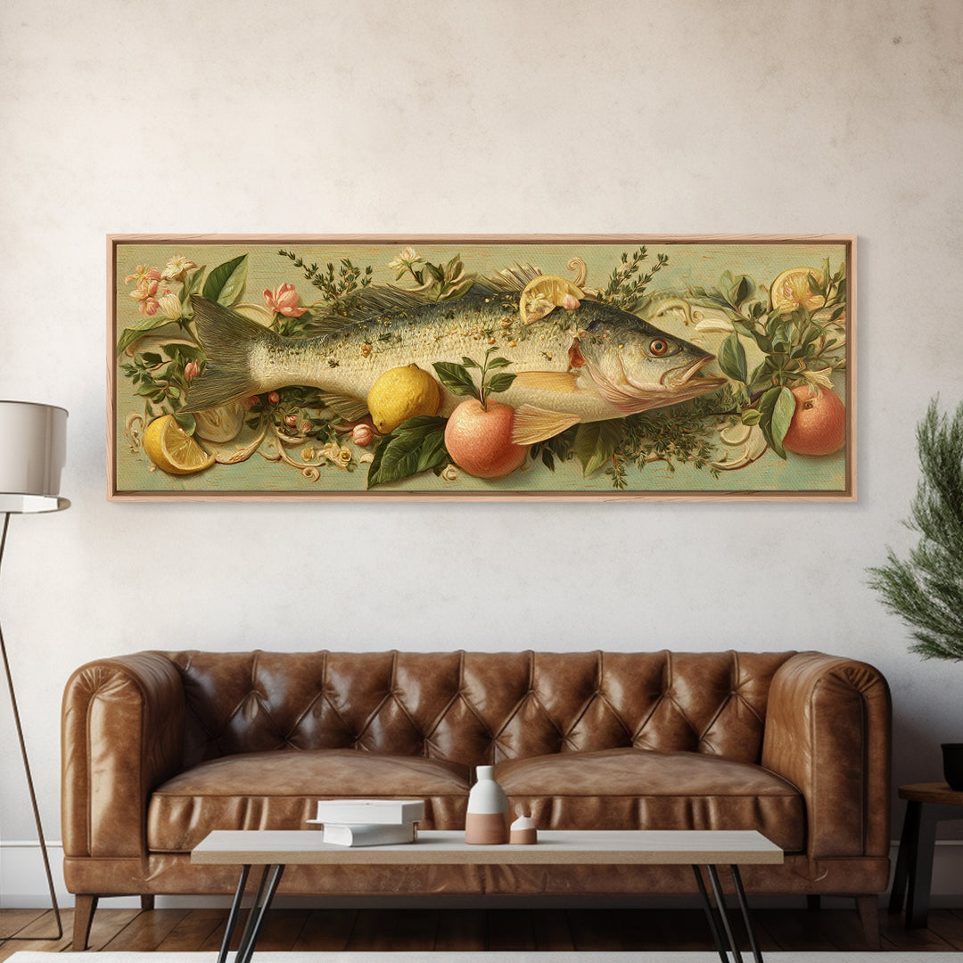 Fresh Fish with Lemon and Herbs Framed Canvas Print, Restaurant Art, Kitchen Decor, Restaurant Decor, Fine Art, Bistro, RES-3x1-87
