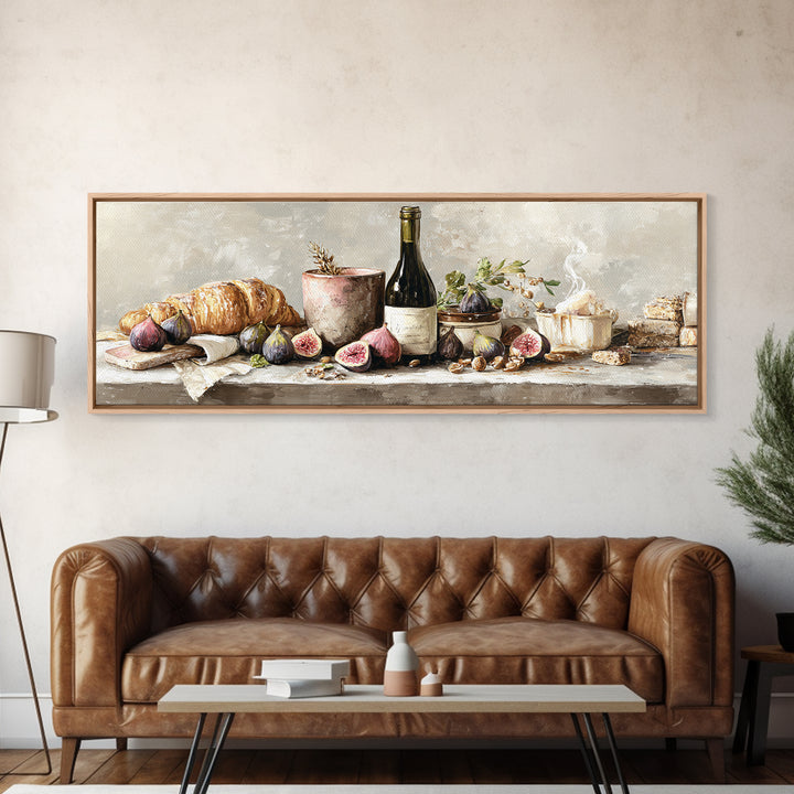 Wine Bottle and Figs Framed Canvas Print, Restaurant Art, Boho Decor, Restaurant Decor, Oil Painting, Bistro, RES-3x1-89