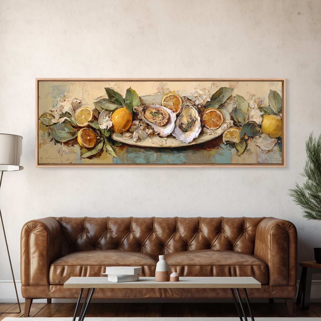 Oyster Platter with Lemons and Champagne Canvas Print, Restaurant Art, Canvas, Restaurant Decor, Bistro, Living Room Decor, RES-3x1-91