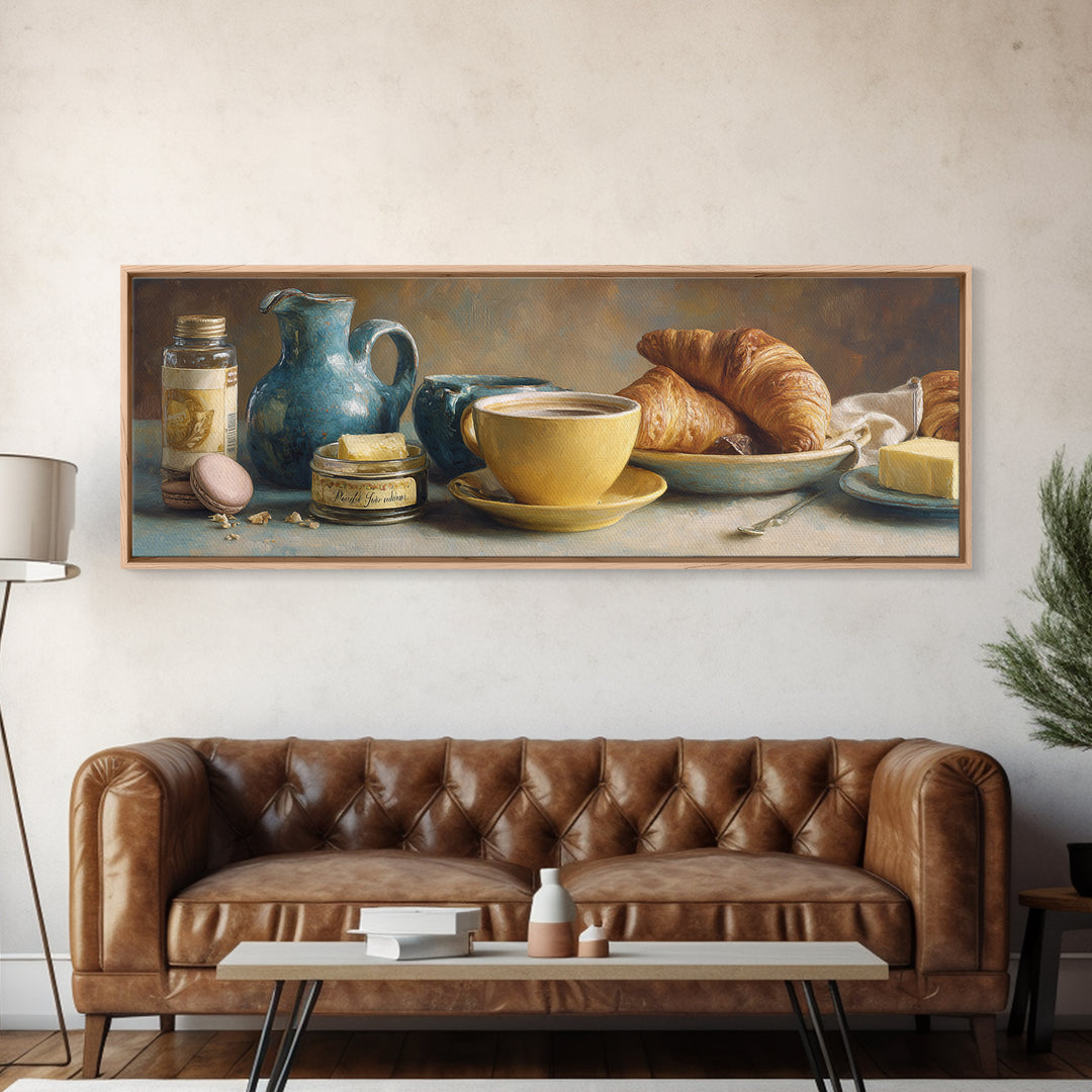 French Bistro Coffee and Croissant Still Life Canvas Print, Restaurant Art, Bedroom Wall Art, Restaurant Decor, Watercolor Art, RES-3x1-94
