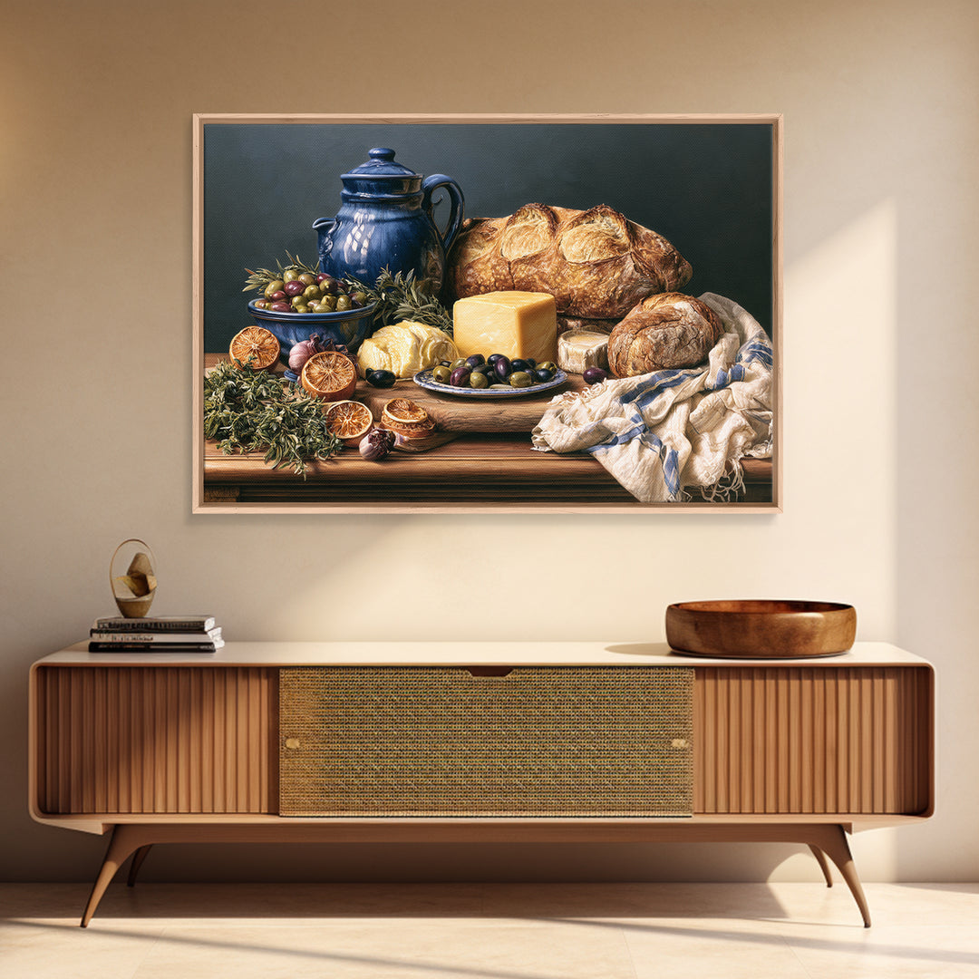 Mediterranean Olives Bread and Cheese Board Canvas Print, Restaurant Art, Bedroom Wall Art, Restaurant Decor, Bistro, RES-3x2-13