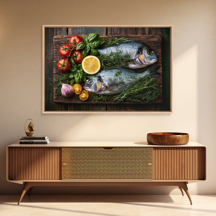 Fresh Fish with Lemon and Herbs Framed Canvas Print, Restaurant Art, Gallery Decor, Restaurant Decor, Fine Art, Bistro, RES-3x2-27