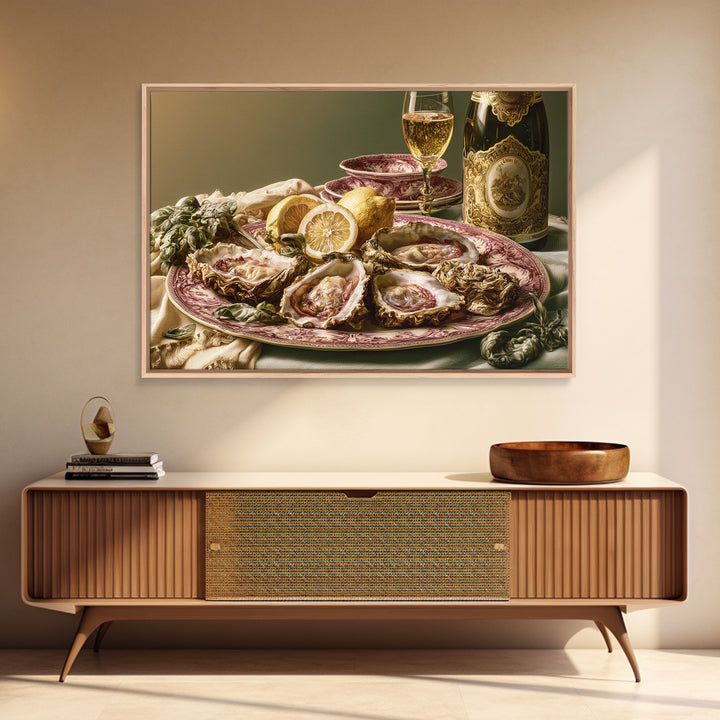 Oyster Platter with Lemons and Champagne Framed Canvas Print, Restaurant Art, Statement Artwork, Restaurant Decor, Bistro, RES-3x2-31