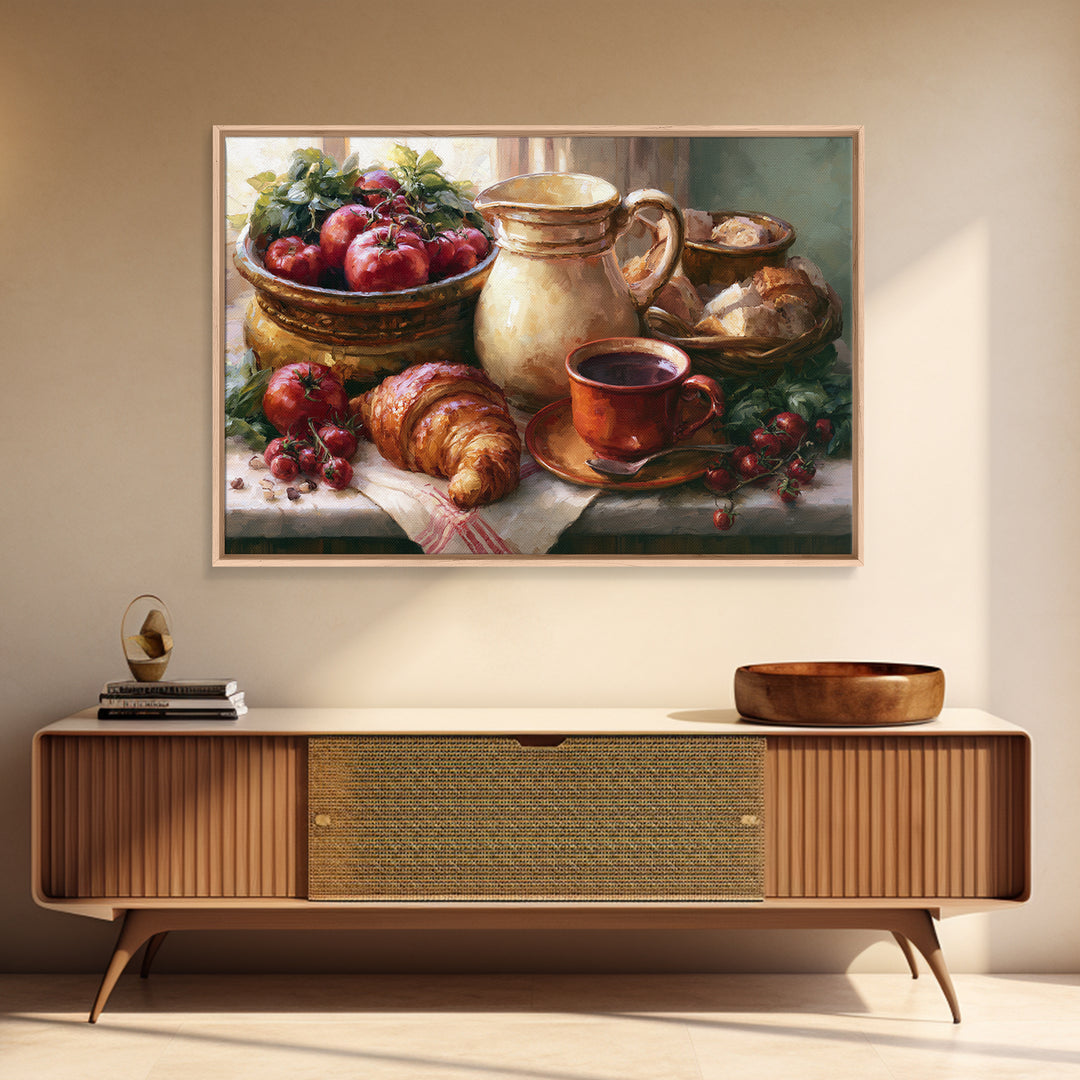French Bistro Coffee and Croissant Still Life Canvas Print, Restaurant Art, Bedroom Wall Art, Restaurant Decor, Watercolor Art, RES-3x2-34
