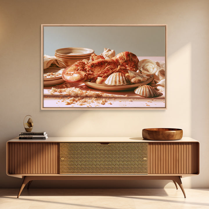 Seafood Lobster and Shell Arrangement Framed Canvas Print, Restaurant Art, Cool Wall Art, Restaurant Decor, Fine Art, Bistro, RES-3x2-36