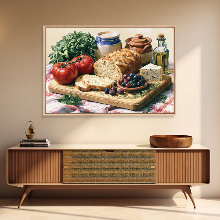 Mediterranean Olives Bread and Cheese Board Canvas Print, Restaurant Art, Food Art, Restaurant Decor, Oil Painting, Bistro, RES-3x2-37