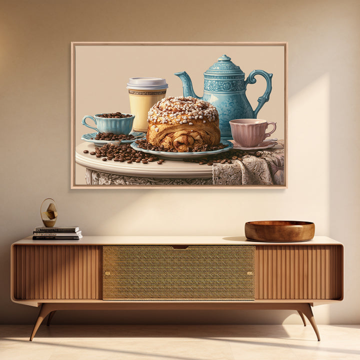 Coffee Beans and Pastry Arrangement Framed Canvas Print, Restaurant Art, Watercolor Painting, Restaurant Decor, Oil Painting, RES-3x2-50