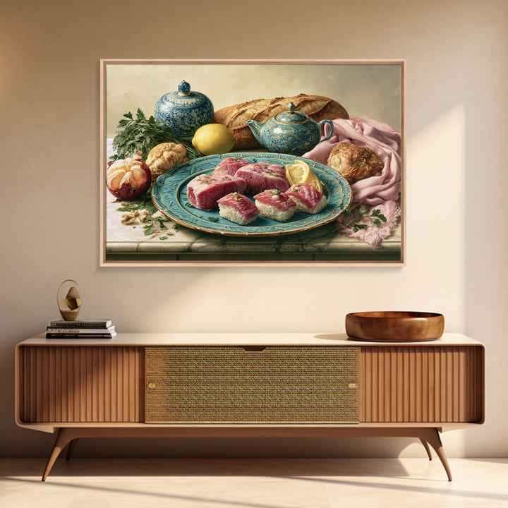 Sushi Fish and Ceramic Plate Composition Canvas Print, Restaurant Art, Cool Wall Art, Restaurant Decor, Fine Art, Bistro, RES-3x2-57