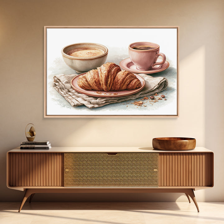 French Bistro Coffee and Croissant Still Life Canvas Print, Restaurant Art, Bedroom Wall Art, Restaurant Decor, Watercolor Art, RES-3x2-58