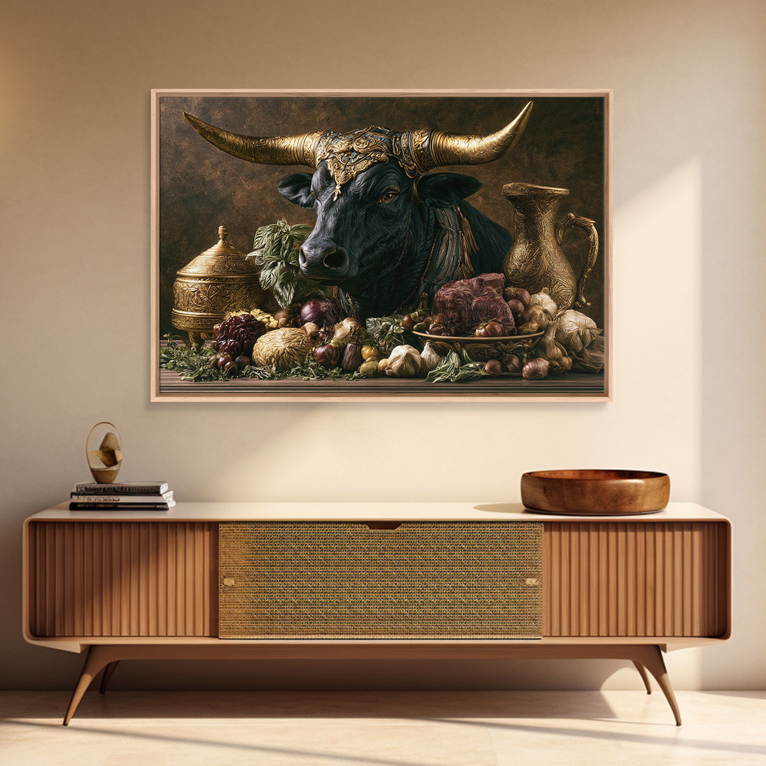 Steakhouse Black and Gold Bull Portrait Framed Canvas Print, Restaurant Art, Wall Art Prints, Restaurant Decor, Bistro, RES-3x2-59