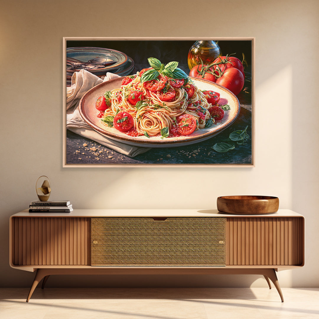 Fresh Pasta with Tomatoes and Basil Framed Canvas Print, Restaurant Art, Kitchen Art, Restaurant Decor, Fine Art, Bistro, RES-3x2-6