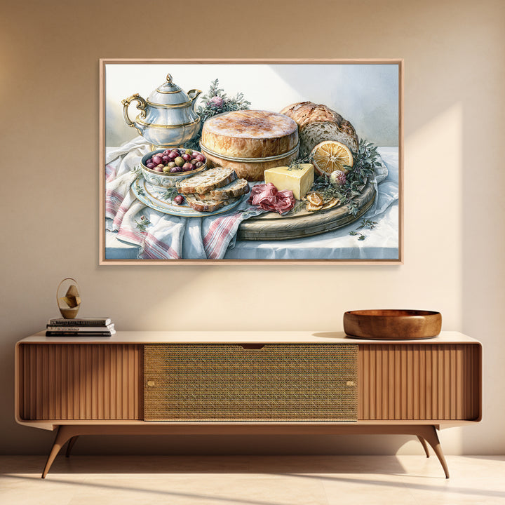 Mediterranean Olives Bread and Cheese Board Canvas Print, Restaurant Art, Food Art, Restaurant Decor, Oil Painting, Bistro, RES-3x2-61