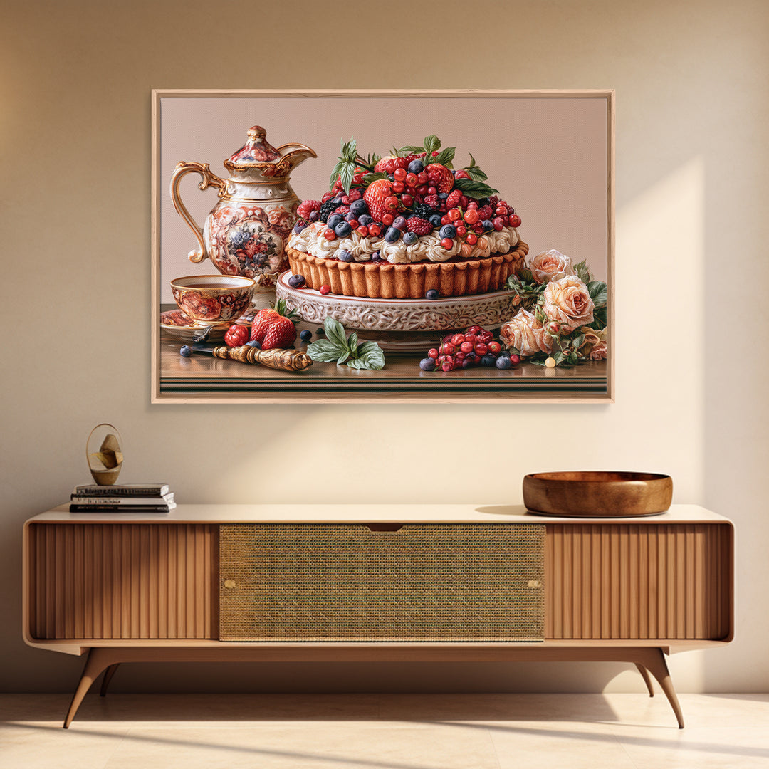 Dessert Tart with Berries and Cream Canvas Print, Restaurant Art, Minimalist Decor, Restaurant Decor, Fine Art, Bistro, RES-3x2-68