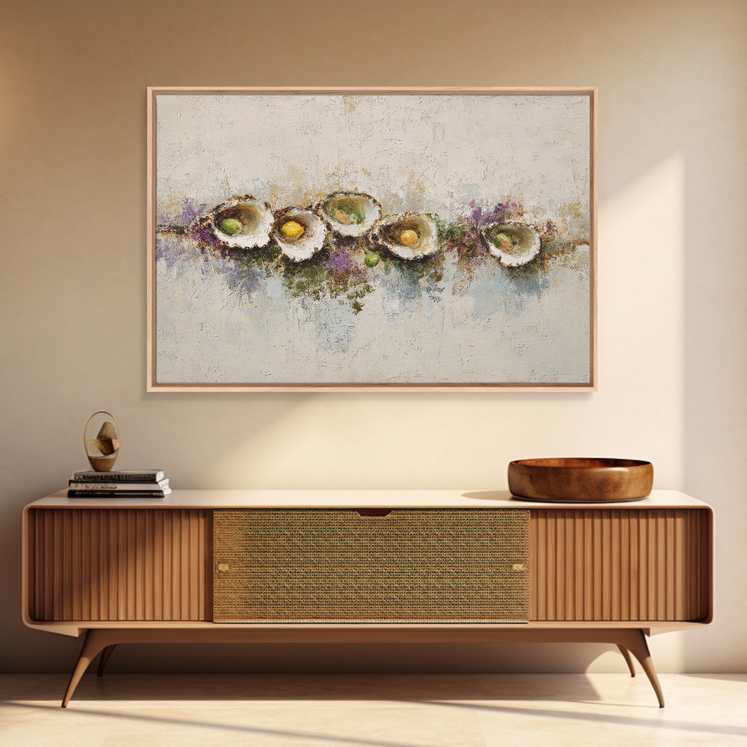 Oyster Platter with Lemons and Champagne Framed Canvas Print, Restaurant Art, Kitchen Wall Art, Restaurant Decor, Abstract Art, RES-3x2-7