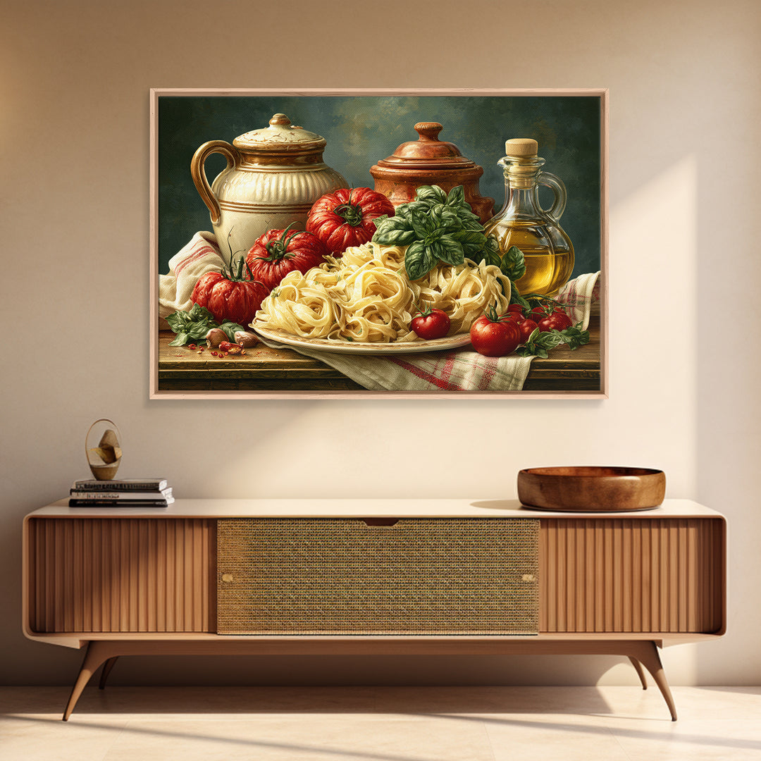 Fresh Pasta with Tomatoes and Basil Framed Canvas Print, Restaurant Art, Cool Wall Art, Restaurant Decor, Fine Art, Bistro, RES-3x2-78