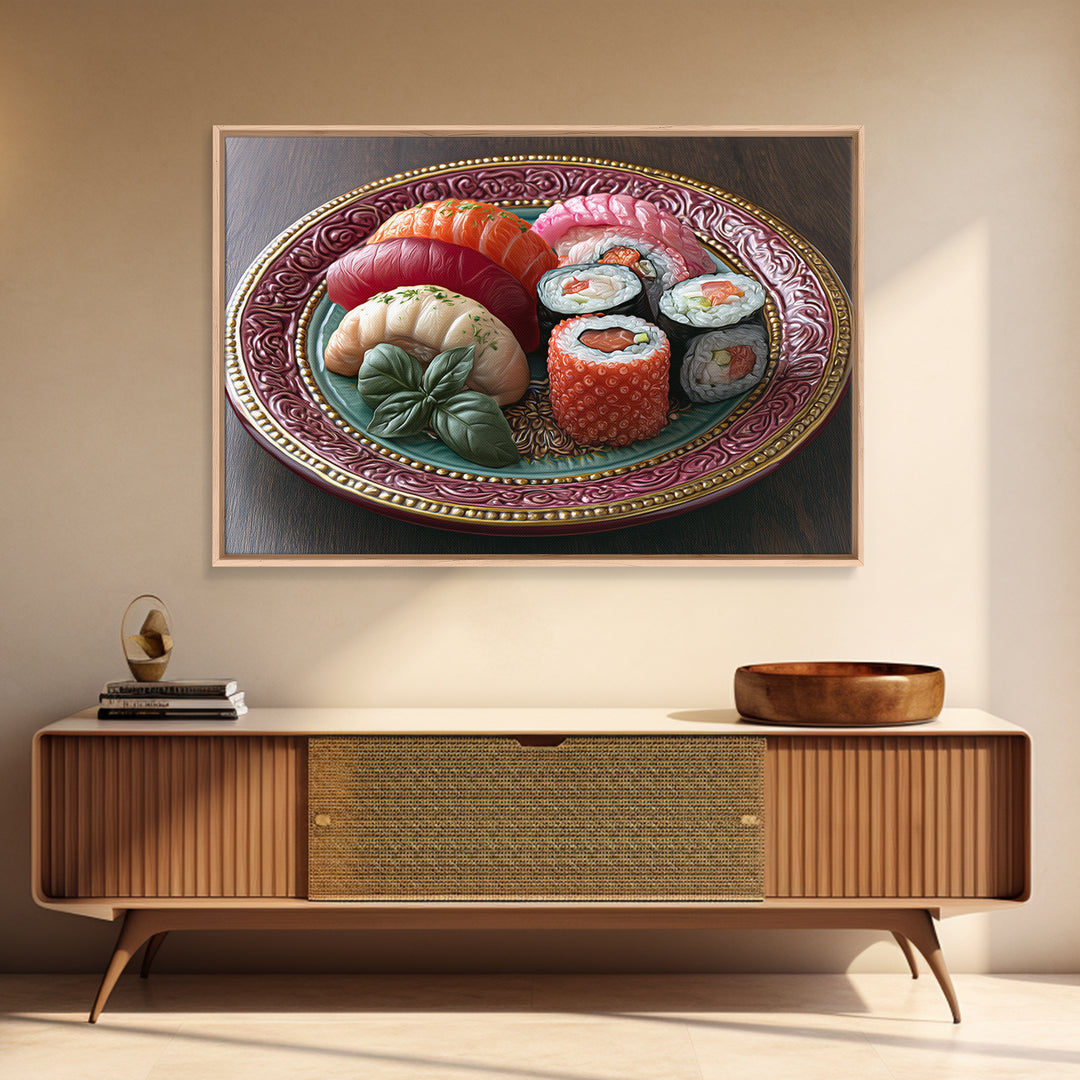 Sushi Fish and Ceramic Plate Composition Framed Canvas Print, Restaurant Art, Fine Art Print, Restaurant Decor, Bistro, RES-3x2-81