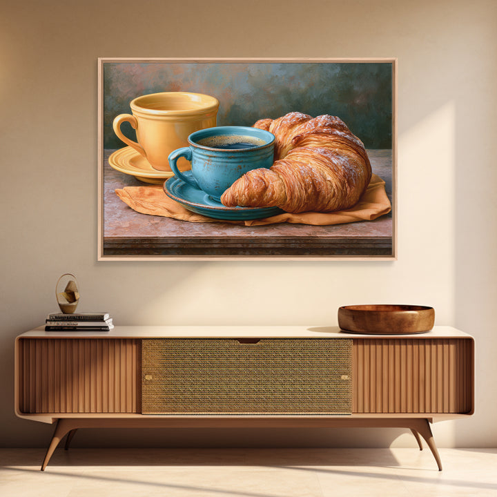 French Bistro Coffee and Croissant Still Life Framed Canvas Print, Restaurant Art, Food Art, Restaurant Decor, Oil Painting, RES-3x2-82