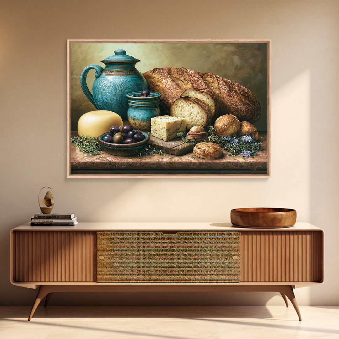 Mediterranean Olives Bread and Cheese Board Framed Canvas Print, Restaurant Art, Statement Artwork, Restaurant Decor, Bistro, RES-3x2-85