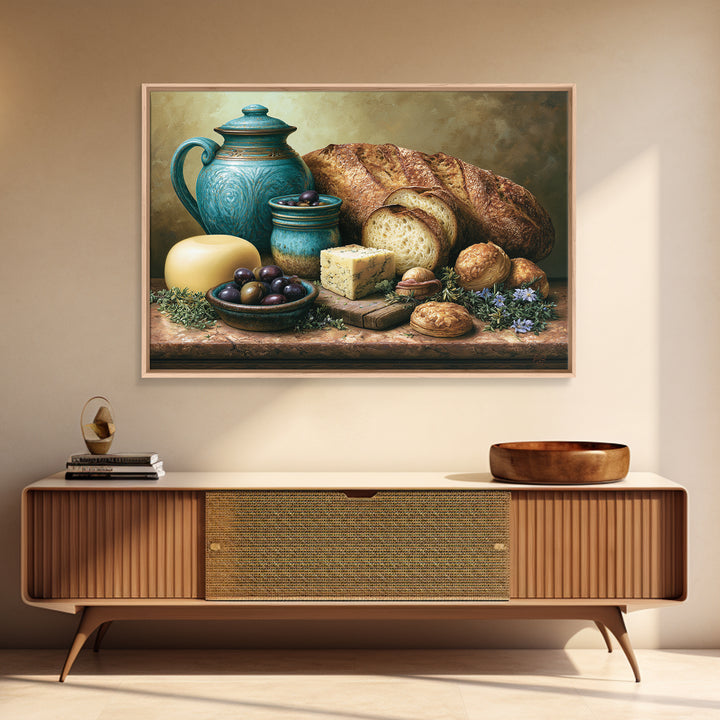Mediterranean Olives Bread and Cheese Board Framed Canvas Print, Restaurant Art, Statement Artwork, Restaurant Decor, Bistro, RES-3x2-85