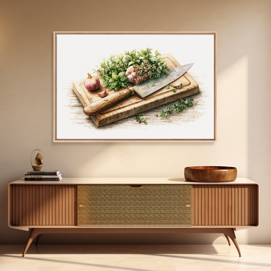 Chef Knife Herbs and Cutting Board Still Canvas Print, Restaurant Art, Boho Decor, Restaurant Decor, Oil Painting, Bistro, RES-3x2-89