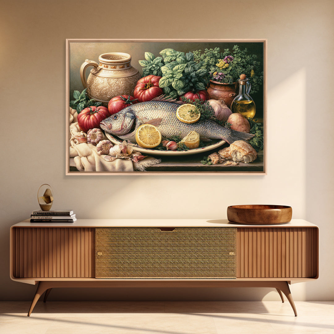 Fresh Fish with Lemon and Herbs Framed Canvas Print, Restaurant Art, Kitchen Decor, Restaurant Decor, Fine Art, Bistro, RES-3x2-99
