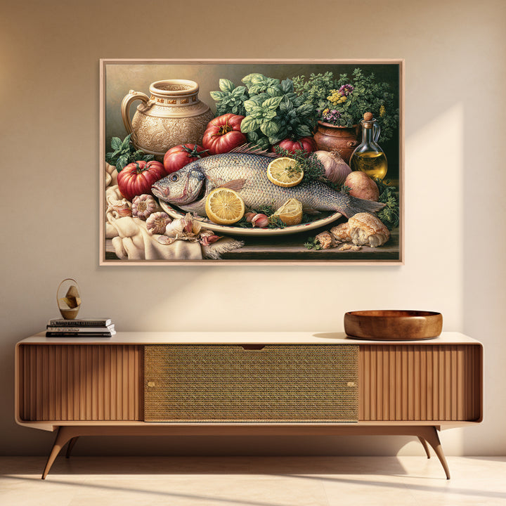 Fresh Fish with Lemon and Herbs Framed Canvas Print, Restaurant Art, Kitchen Decor, Restaurant Decor, Fine Art, Bistro, RES-3x2-99