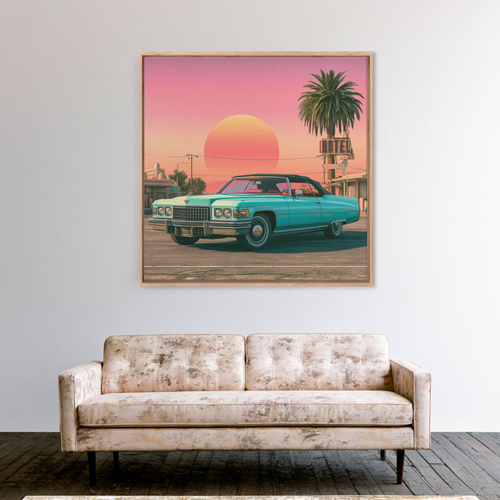 Classic Convertible at Pink Sunset Canvas Print, Retro Art, Whimsical Decor, Living Room Decor, Fine Art, Retro, Modern Decor, RET-1x1-10