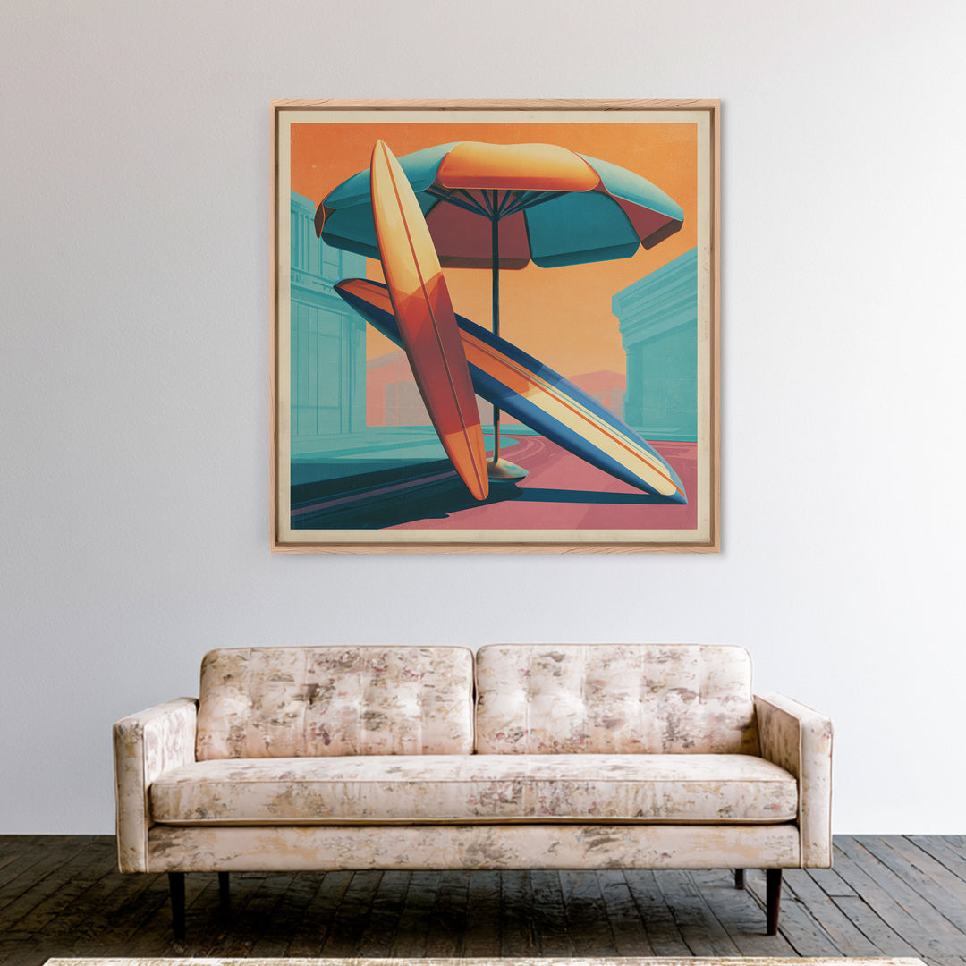 Retro Beach Umbrella and Surfboard Canvas Print, Retro Art, Printable Art, Living Room Decor, Fine Art, Retro, Funky Wall Art, RET-1x1-18