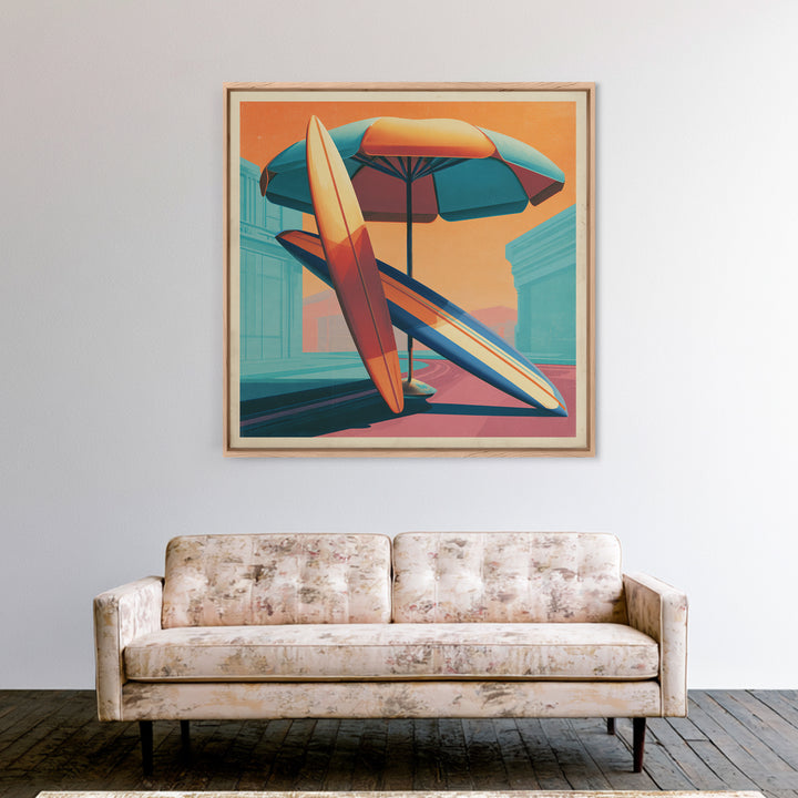 Retro Beach Umbrella and Surfboard Canvas Print, Retro Art, Printable Art, Living Room Decor, Fine Art, Retro, Funky Wall Art, RET-1x1-18