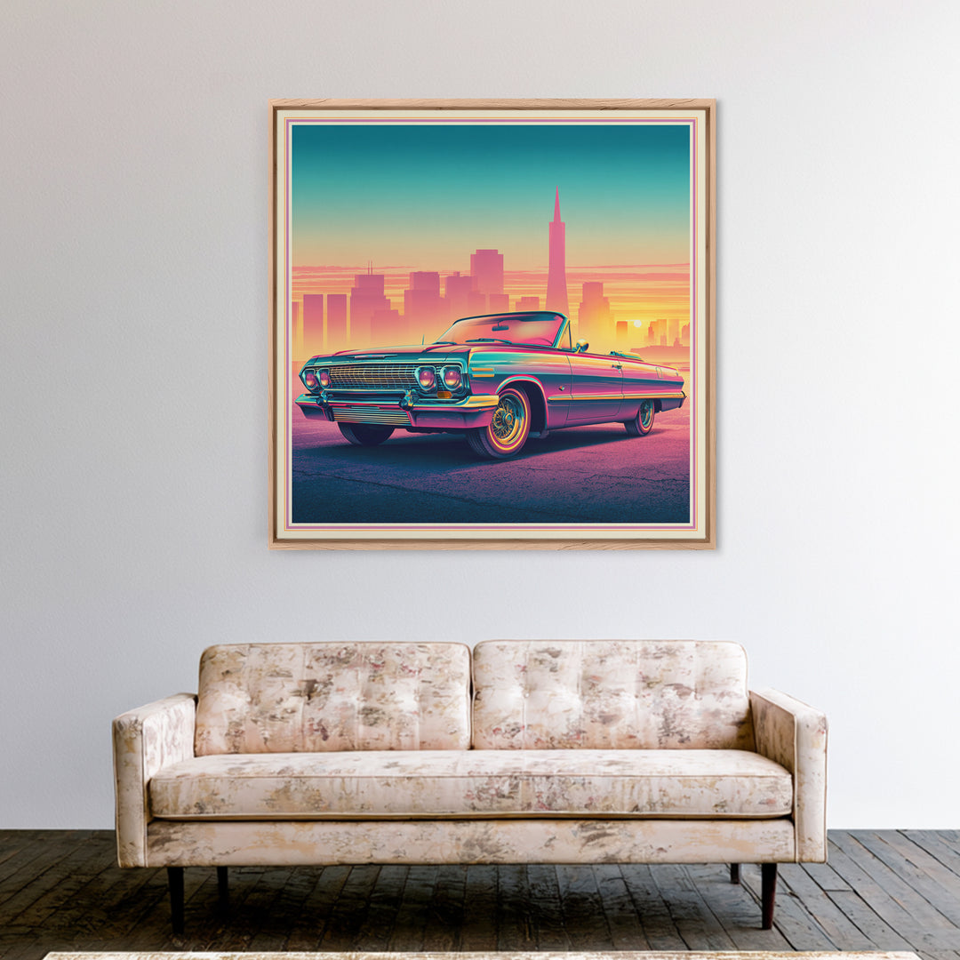 Classic Convertible at Pink Sunset Framed Canvas Print, Retro Art, Bedroom Wall Art, Living Room Decor, Watercolor Art, Retro, RET-1x1-34